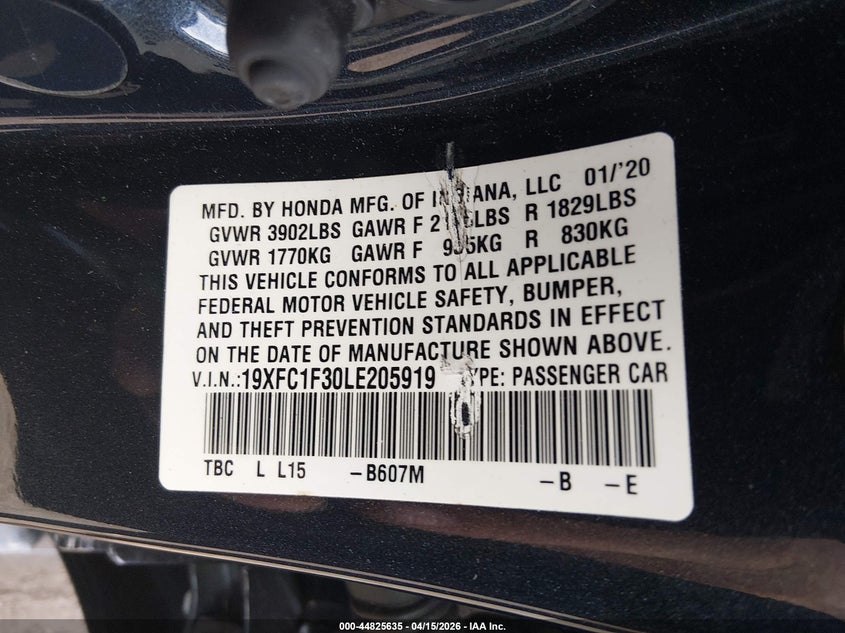 2020 Honda Civic Ex VIN: 19XFC1F30LE205919 Lot: 44825635