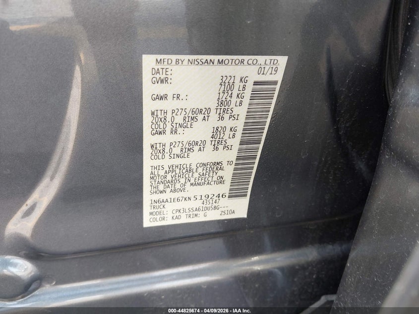 2019 Nissan Titan Sv VIN: 1N6AA1E67KN519246 Lot: 44825674