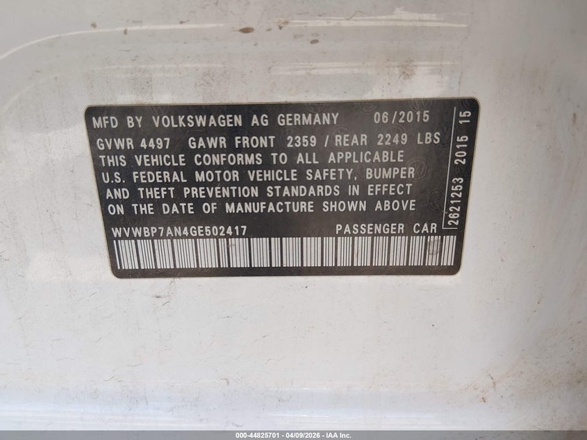 2016 Volkswagen Cc 2.0T Sport VIN: WVWBP7AN4GE502417 Lot: 44825701