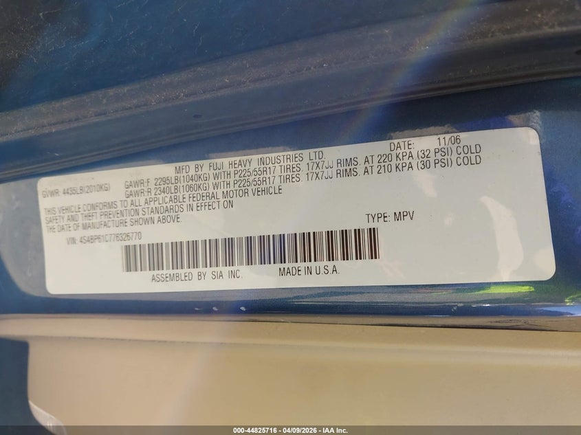 2007 Subaru Outback 2.5I VIN: 4S4BP61C776326770 Lot: 44825716