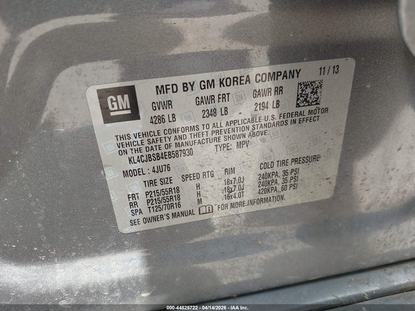 2014 Buick Encore Convenience VIN: KL4CJBSB4EB587930 Lot: 44825722