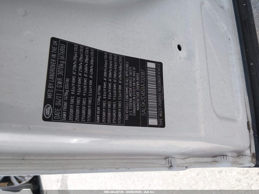 2011 Land Rover Range Rover Sport Hse VIN: SALSK2D45BA702087 Lot: 44825726