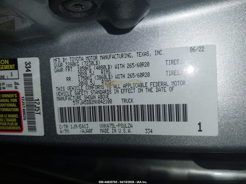 2022 Toyota Tundra Limited VIN: 5TFJA5DB2NX042100 Lot: 44825793