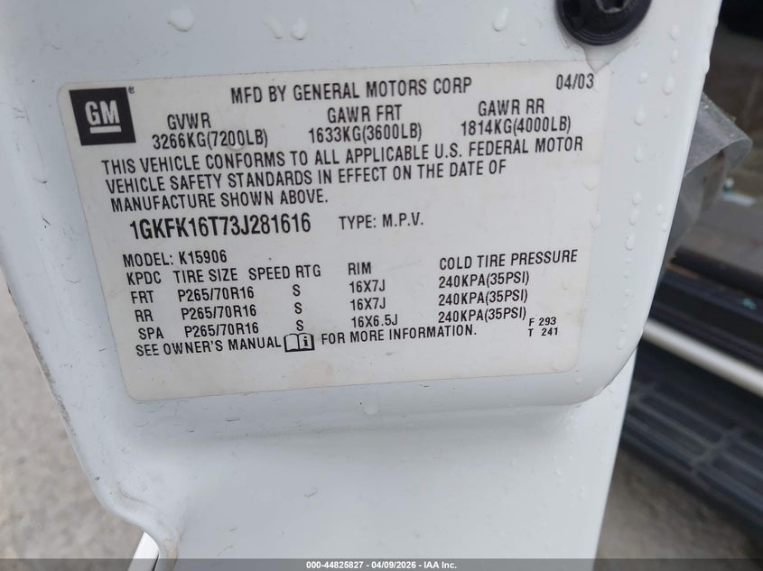 2003 GMC Yukon Xl 1500 Sle VIN: 1GKFK16T73J281616 Lot: 44825827