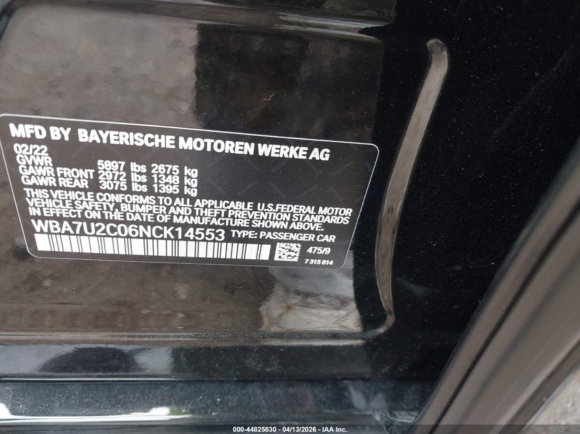 2022 BMW 750 I xDrive VIN: WBA7U2C06NCK14553 Lot: 44825830