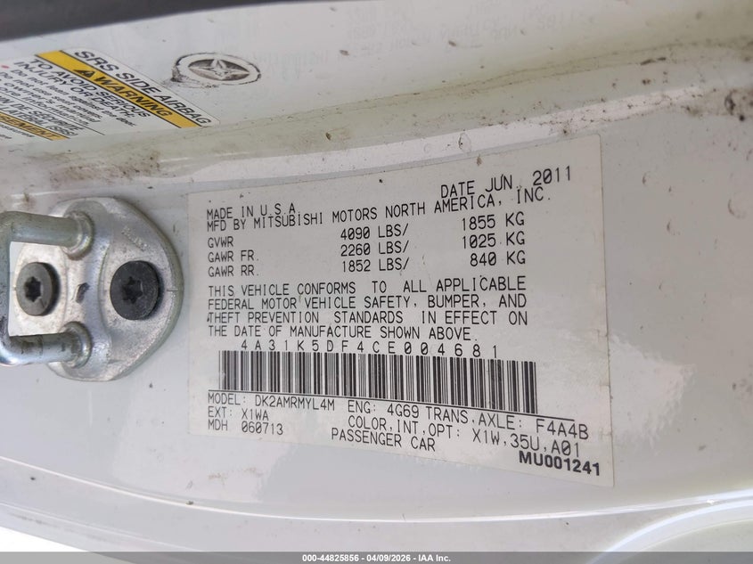 2012 Mitsubishi Eclipse Gs/Gs Sport/Se VIN: 4A31K5DF4CE004681 Lot: 44825856