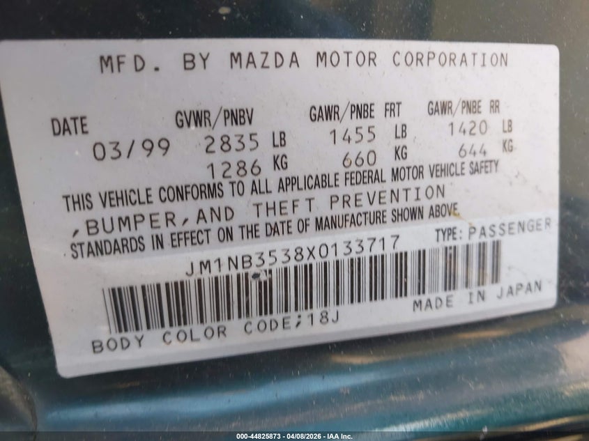 1999 Mazda Mx5 VIN: JM1NM3538X0133717 Lot: 44825873