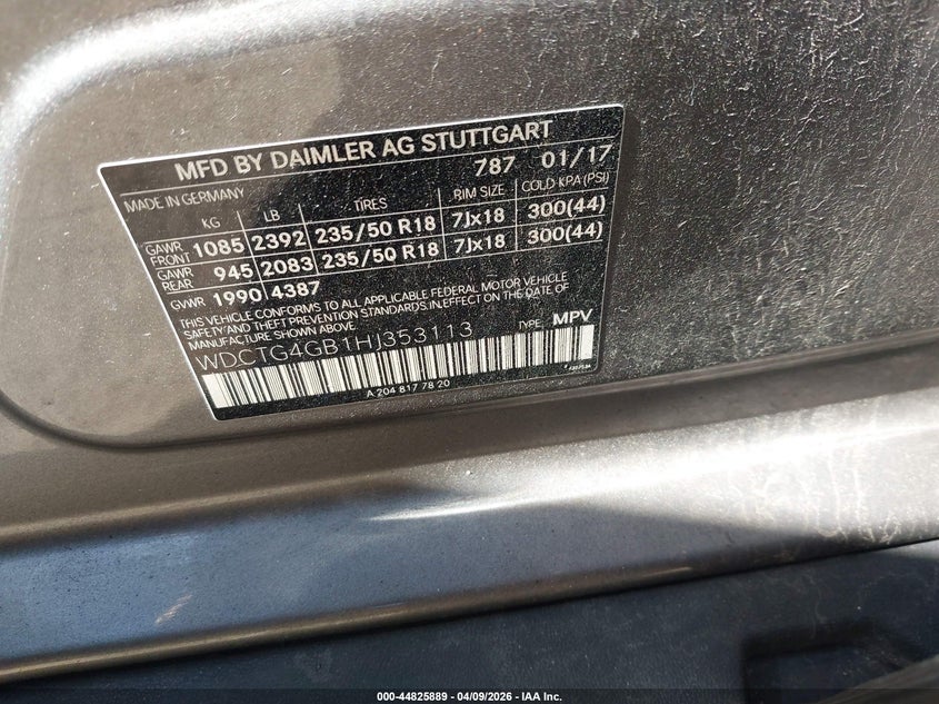 2017 Mercedes-Benz Gla 250 4Matic VIN: WDCTG4GB1HJ353113 Lot: 44825889