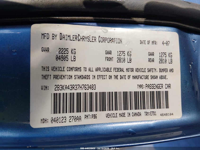 2007 Dodge Charger VIN: 2B3KA43R37H763483 Lot: 44825909
