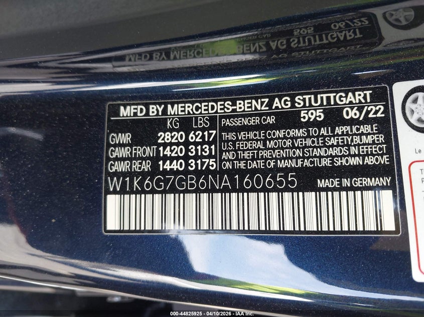 2022 Mercedes-Benz S 580 4Matic VIN: W1K6G7GB6NA160655 Lot: 44825925