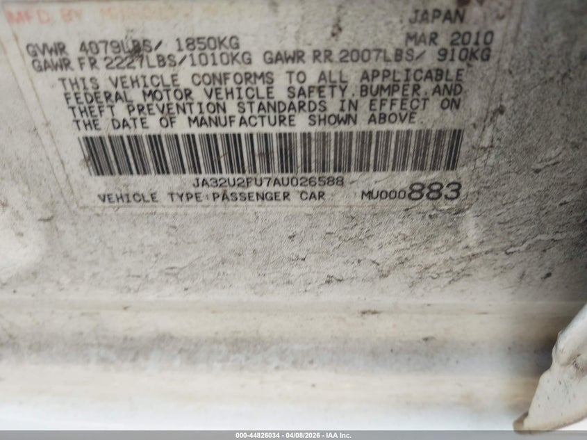 2010 Mitsubishi Lancer Es VIN: JA32U2FU7AU026588 Lot: 44826034