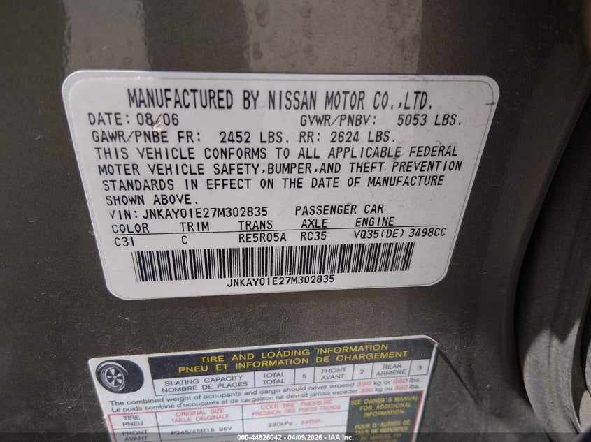 2007 Infiniti M35 VIN: JNKAY01E27M302835 Lot: 44826042