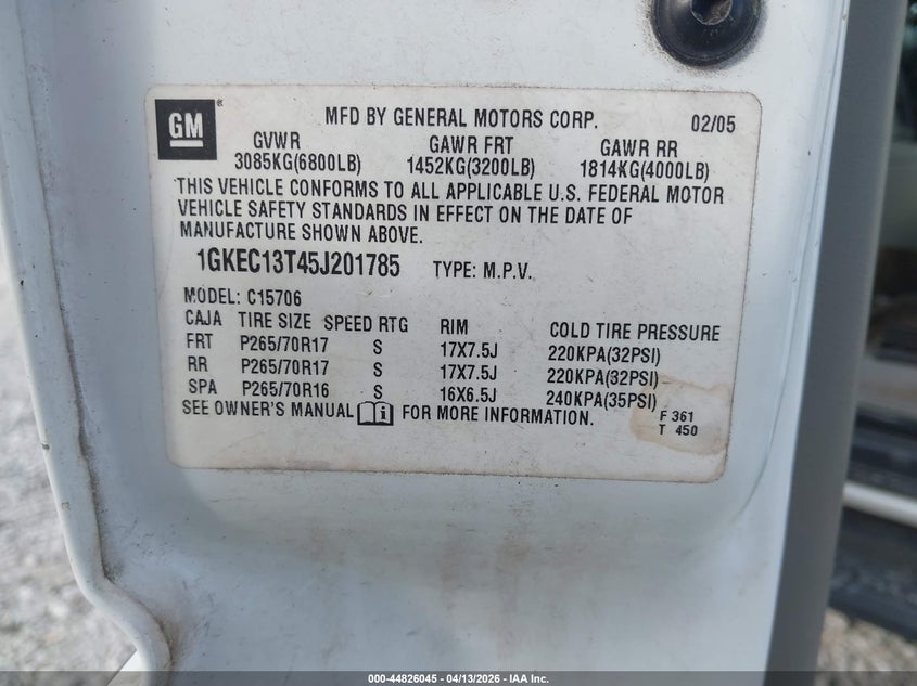 2005 GMC Yukon Slt VIN: 1GKEC13T45J201785 Lot: 44826045