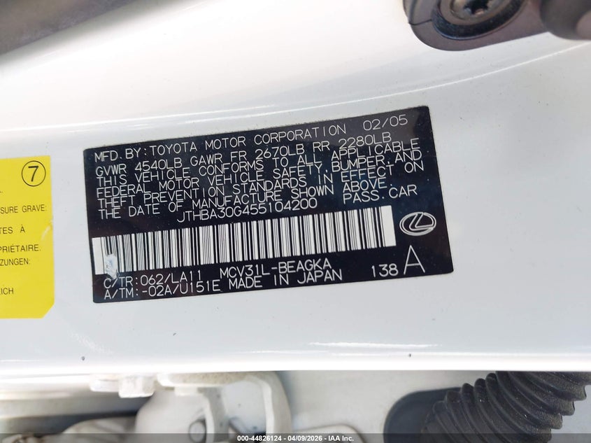 2005 Lexus Es 330 VIN: JTHBA30G455104200 Lot: 44826124