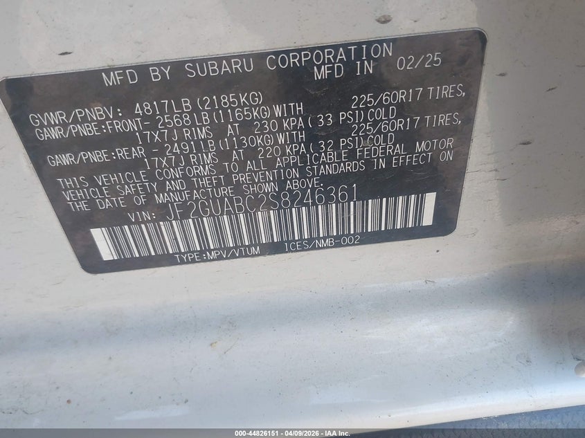 2025 Subaru Crosstrek VIN: JF2GUABC2S8246361 Lot: 44826151