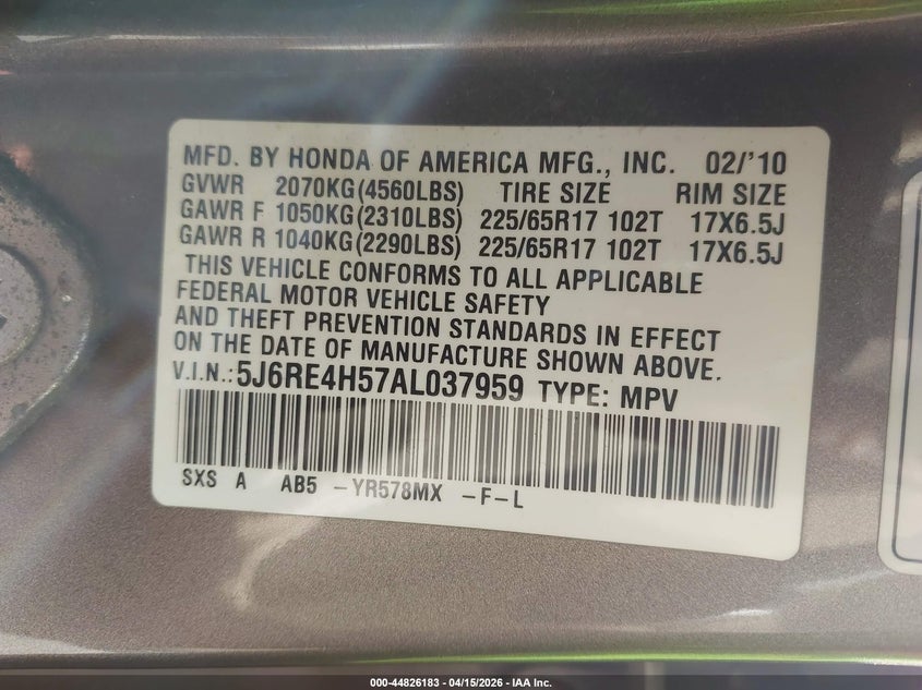 2010 Honda Cr-V Ex VIN: 5J6RE4H57AL037959 Lot: 44826183