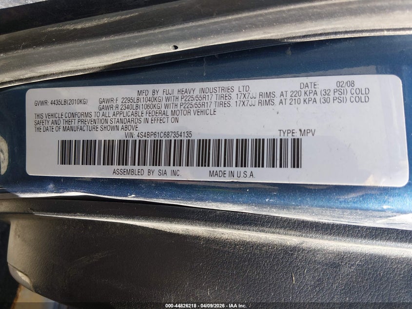 2008 Subaru Outback 2.5I/2.5I L.l. Bean Edition VIN: 4S4BP61C687354135 Lot: 44826218