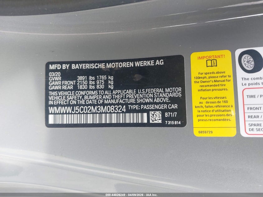 2021 Mini Convertible Cooper S VIN: WMWWJ5C02M3M08324 Lot: 44826249