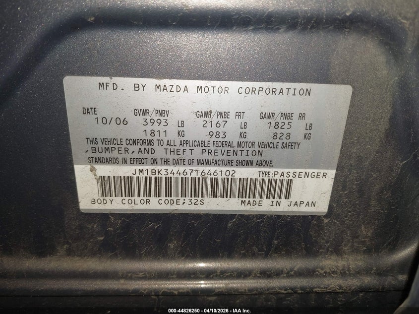 2007 Mazda Mazda3 S Touring VIN: JM1BK344671646102 Lot: 44826250