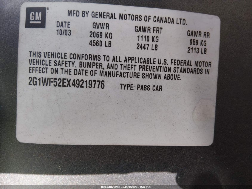 2004 Chevrolet Impala VIN: 2G1WF52EX49219776 Lot: 44826258