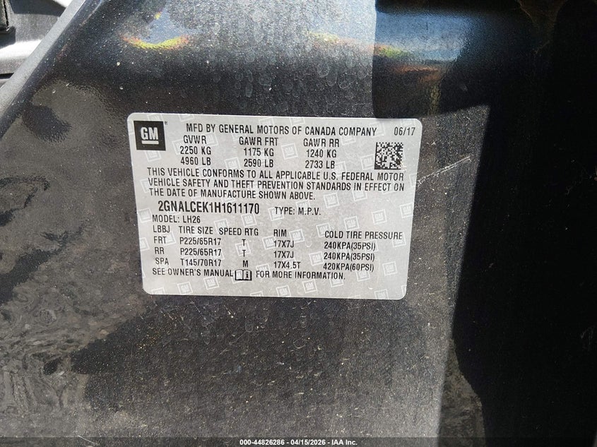 2017 Chevrolet Equinox Lt VIN: 2GNALCEK1H1611170 Lot: 44826286