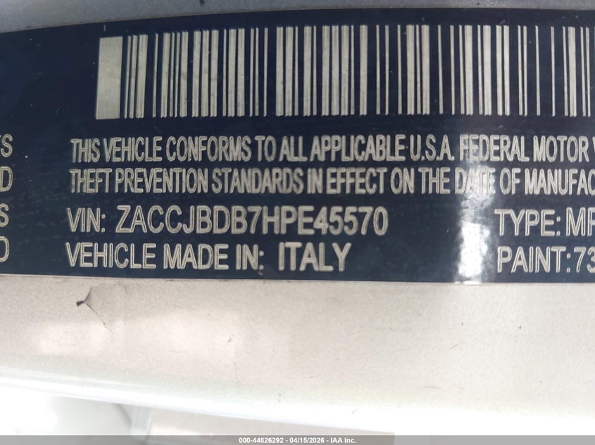 2017 Jeep Renegade Limited 4X4 VIN: ZACCJBDB7HPE45570 Lot: 44826292