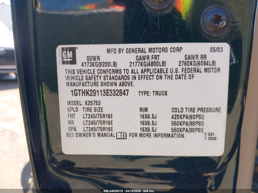 2003 GMC Sierra 2500Hd Sle VIN: 1GTHK29113E332847 Lot: 44826315