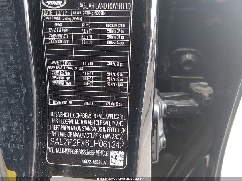 2020 Land Rover Range Rover Evoque Se VIN: SALZP2FX6LH061242 Lot: 44826327