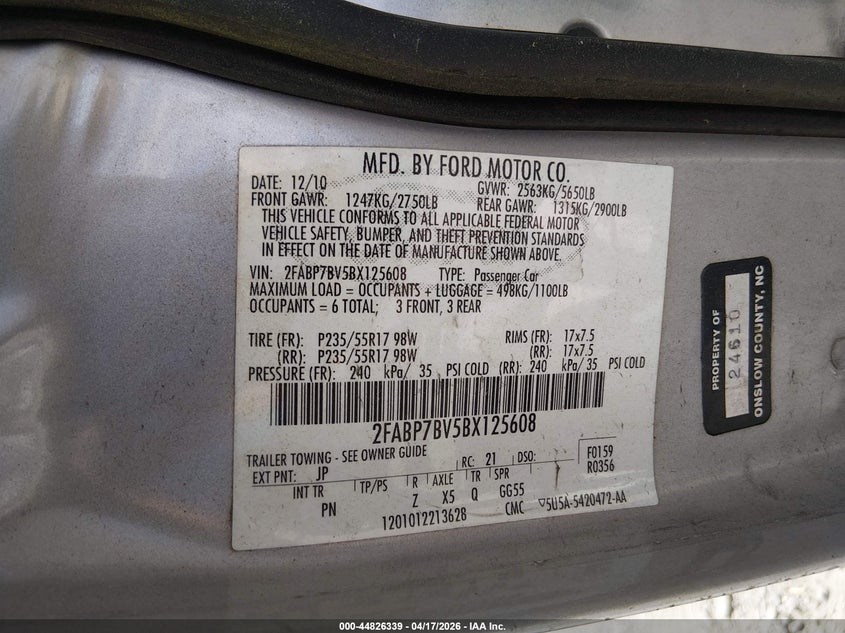 2011 Ford Crown Victoria Police VIN: 2FABP7BV5BX125608 Lot: 44826339