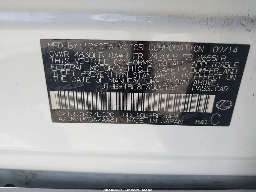 2015 Lexus Gs 350 VIN: JTHBE1BL8FA000160 Lot: 44826351