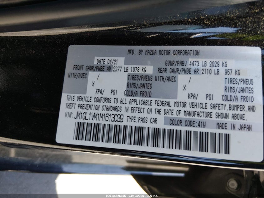 2021 Mazda Mazda6 Touring VIN: JM1GL1VM1M1613039 Lot: 44826355