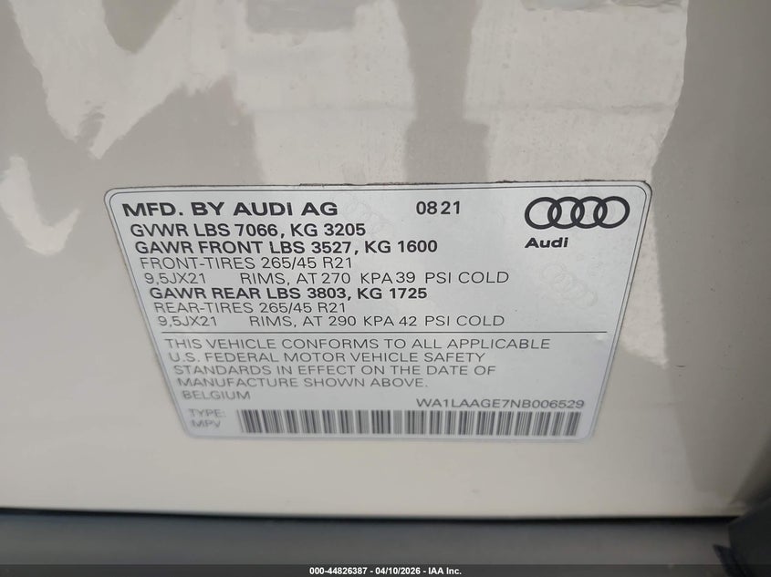 2022 Audi E-Tron Premium Plus Quattro VIN: WA1LAAGE7NB006529 Lot: 44826387