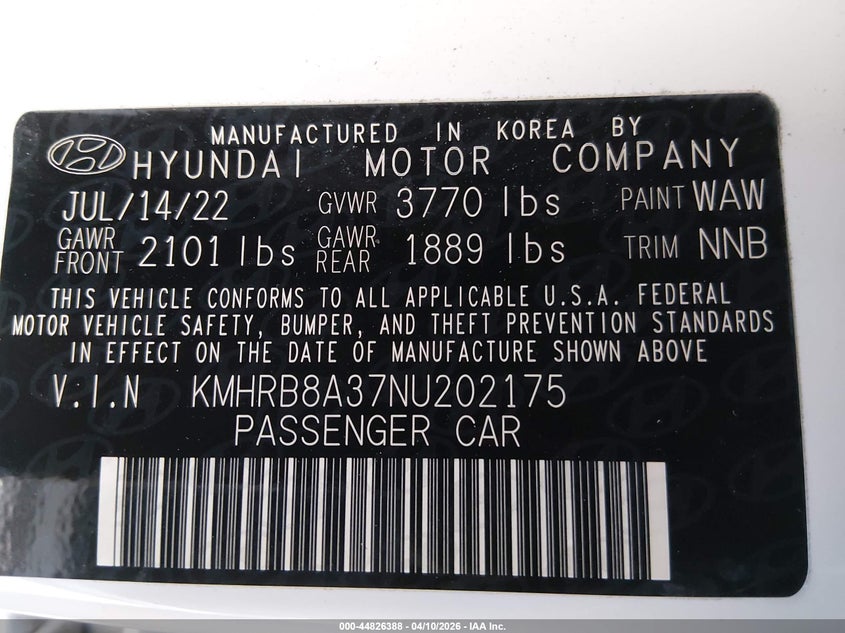 2022 Hyundai Venue Se VIN: KMHRB8A37NU202175 Lot: 44826388