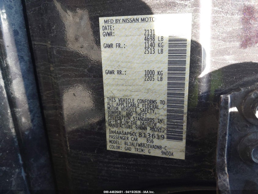 2012 Nissan Maxima 3.5 Sv VIN: 1N4AA5AP6CC813619 Lot: 44826451