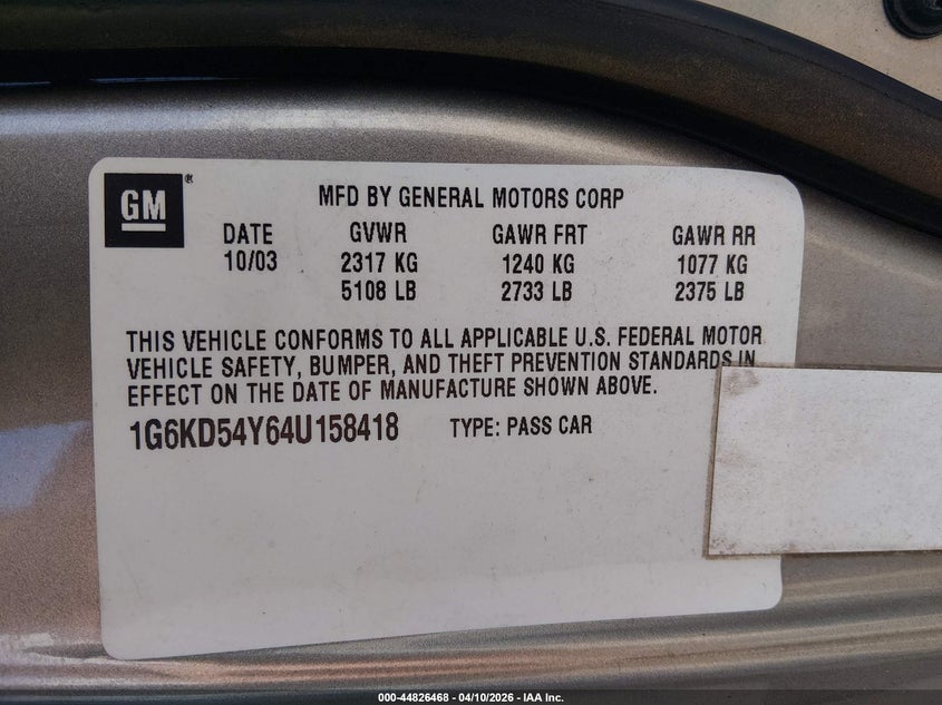 2004 Cadillac Deville Standard VIN: 1G6KD54Y64U158418 Lot: 44826468