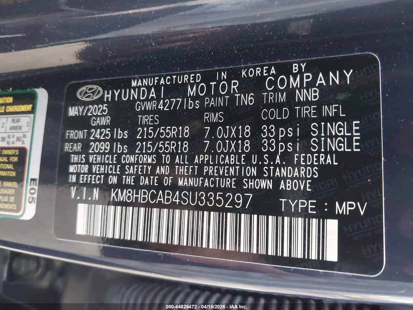 2025 Hyundai Kona Sel VIN: KM8HBCAB4SU335297 Lot: 44826472