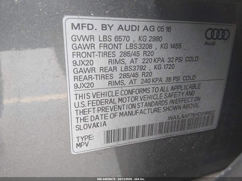 2017 Audi Q7 3.0T Premium VIN: WA1LAAF75HD016620 Lot: 44826478