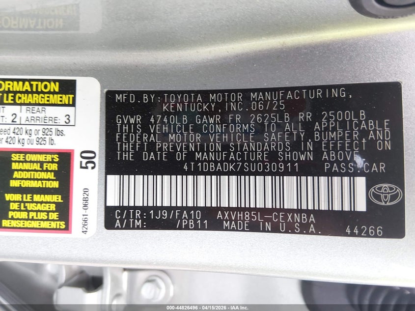 2025 Toyota Camry Le VIN: 4T1DBADK7SU030911 Lot: 44826496