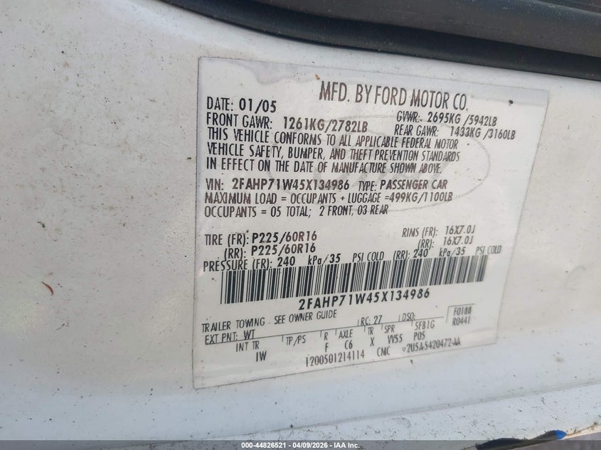 2005 Ford Crown Victoria Police VIN: 2FAHP71W45X134986 Lot: 44826521