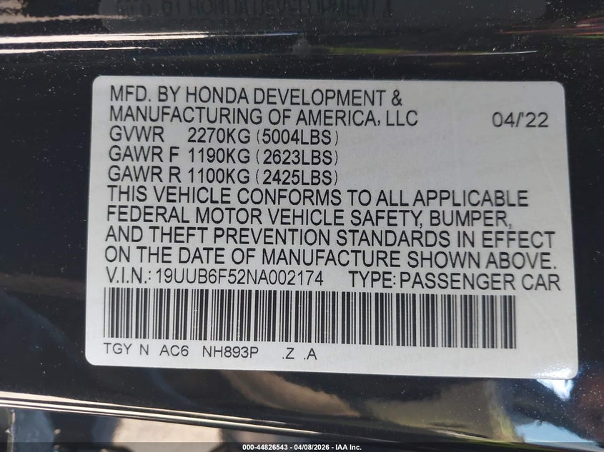 2022 Acura Tlx A-Spec Package VIN: 19UUB6F52NA002174 Lot: 44826543
