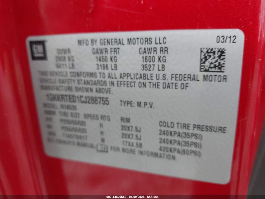2012 Gmc Acadia 3.6 Denali red Lot 111044826552 Vin 1GKKRTED1CJ288755