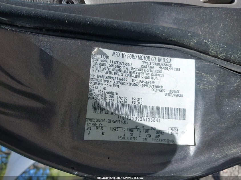 2002 Ford Taurus Ses VIN: 1FAFP55U92A136645 Lot: 44826553