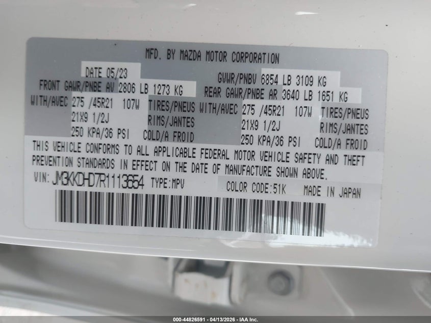 2024 Mazda Cx-90 3.3 Turbo Premium VIN: JM3KKDHD7R1113654 Lot: 44826591