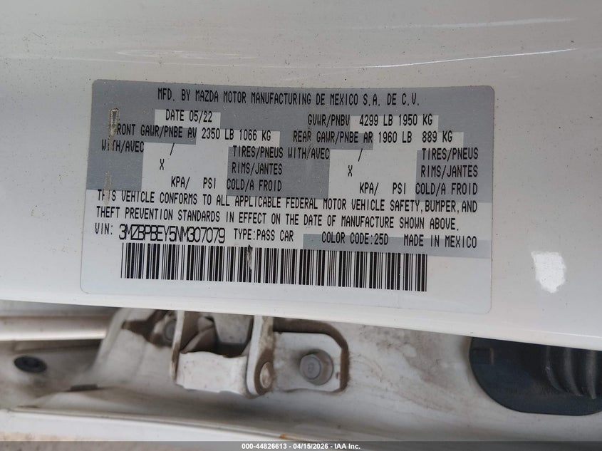 2022 Mazda Mazda3 Premium Plus VIN: 3MZBPBEY5NM307079 Lot: 44826613