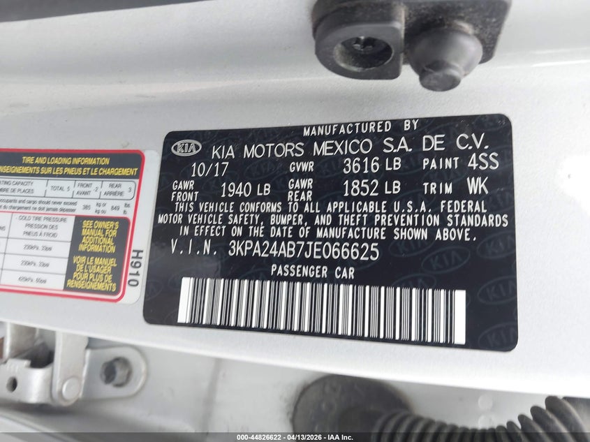 2018 Kia Rio S VIN: 3KPA24AB7JE066625 Lot: 44826622