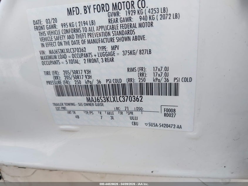 2020 Ford Ecosport 2.0 Titanium White Lot 111044826626 Vin MAJ6S3KLXLC370362