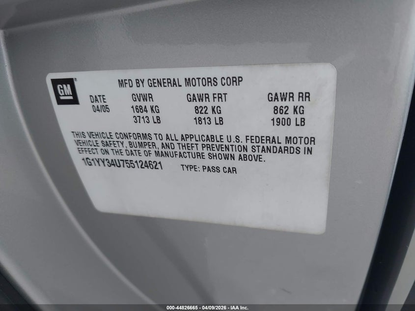 2005 Chevrolet Corvette VIN: 1G1YY34U755124621 Lot: 44826665