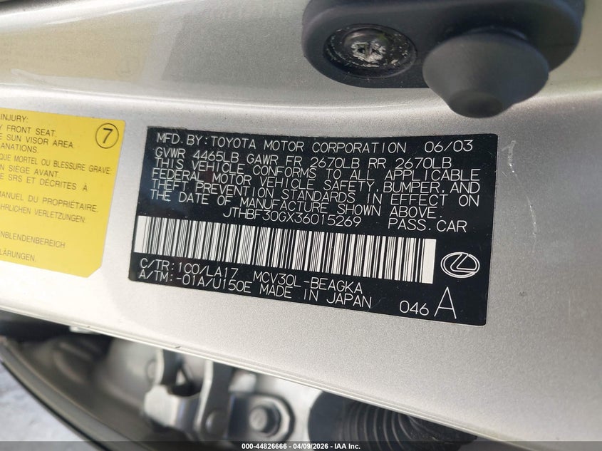 2003 Lexus Es 300 VIN: JTHBF30GX36015269 Lot: 44826666