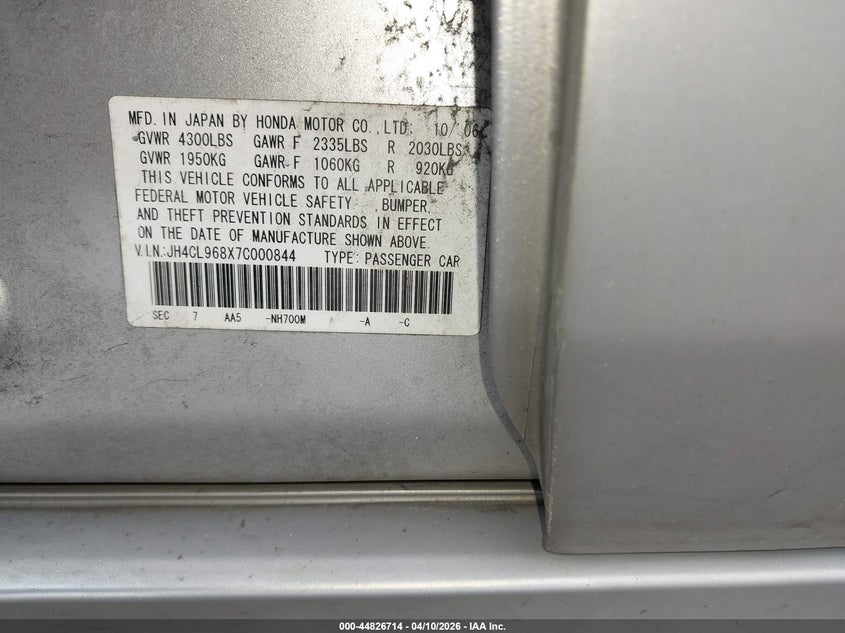 2007 Acura Tsx VIN: JH4CL968X7C000844 Lot: 44826714