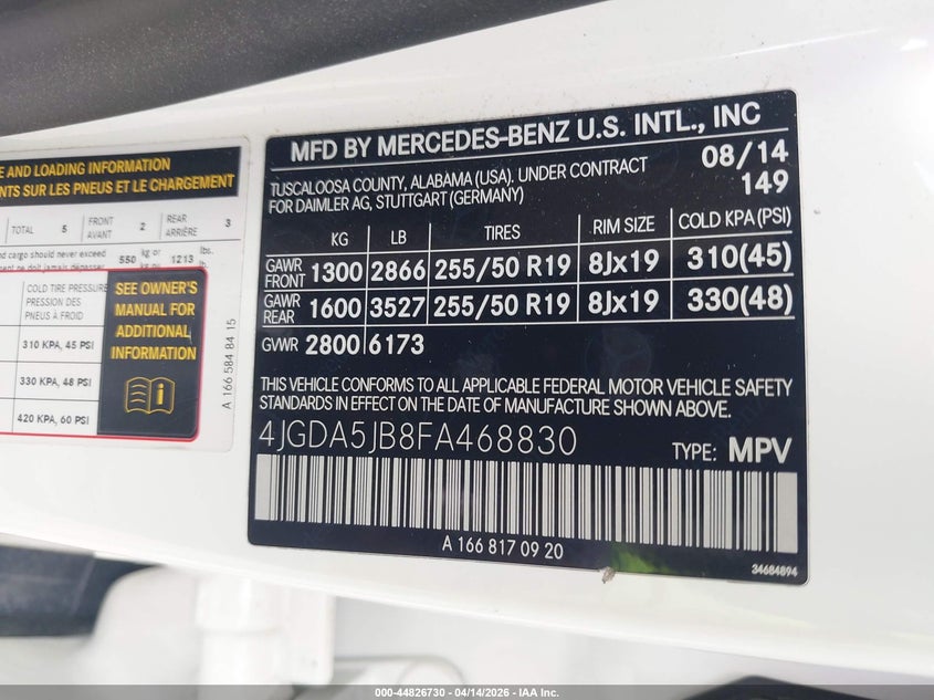 2015 Mercedes-Benz Ml 350 VIN: 4JGDA5JB8FA468830 Lot: 44826730